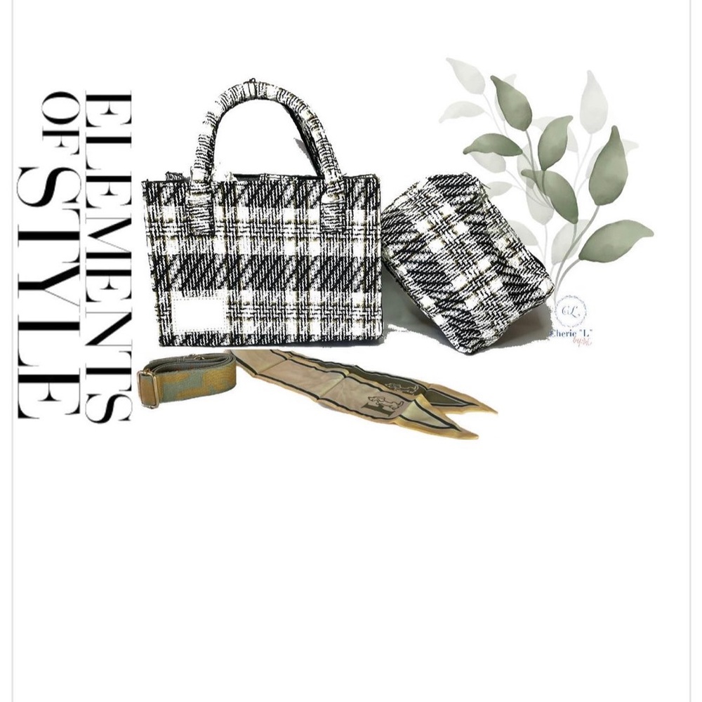 black & white plaid handbag, w/ green strip & green ,yellow & cream scarf, bow